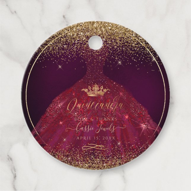 PixDezines Quinceanera Glitter Burgundy Gown Gåvor Etiketter (Framsida)