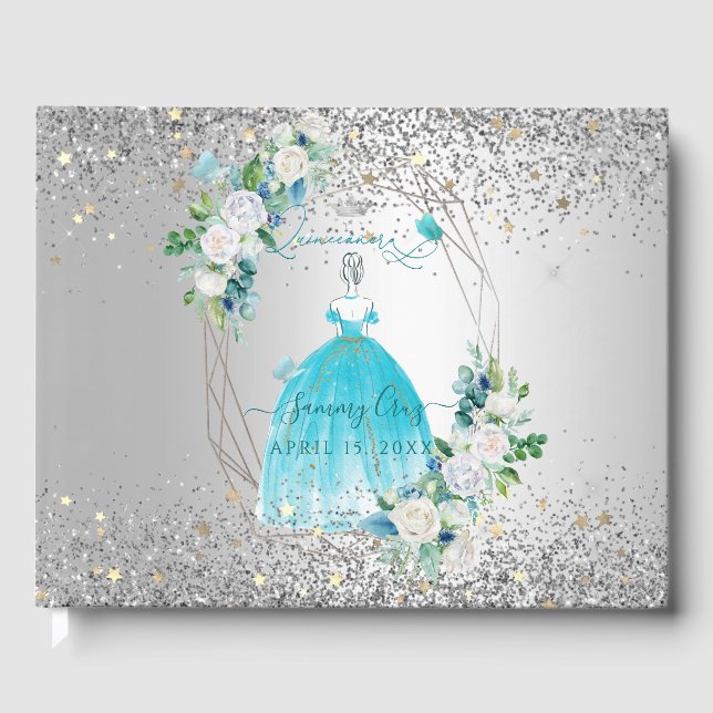 PixDezines Quinceanera H2 Blommor Aqua Blå Klännin Gästböcker (Framsida)