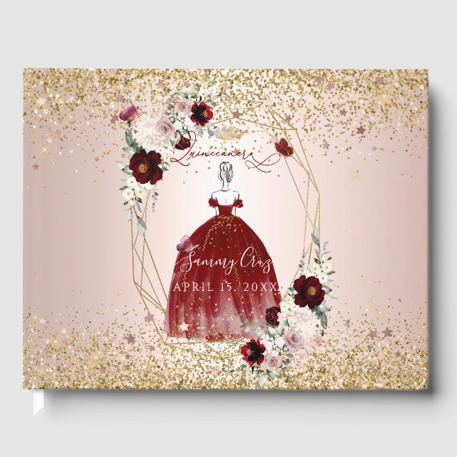 PixDezines Quinceanera H2 Blommor Burgundy Dress Gästböcker (Framsida)
