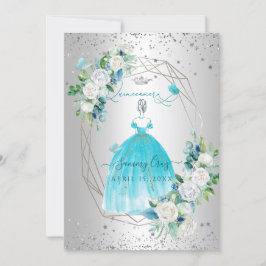 PixDezines Quinceanera H2 Flowers Aqua Blue Dress Inbjudningar