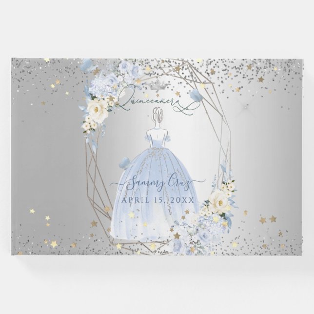 PixDezines Quinceanera H2 Flowers Dusty Blue Ro Gästböcker (Framsida)