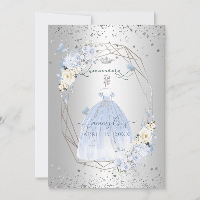 PixDezines Quinceanera H2 Flowers Dusty Blue Ro Inbjudningar (Framsida)