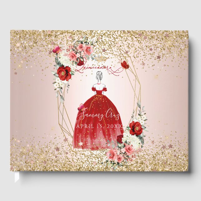PixDezines Quinceanera H2 Flowers Red Dress Gästböcker (Framsida)