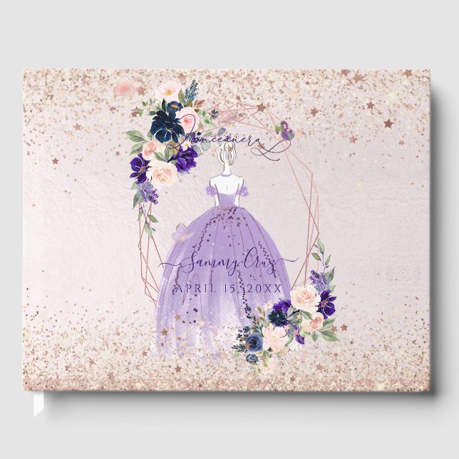 PixDezines Quinceanera lila roséguld H2-blommor Gästböcker (Framsida)