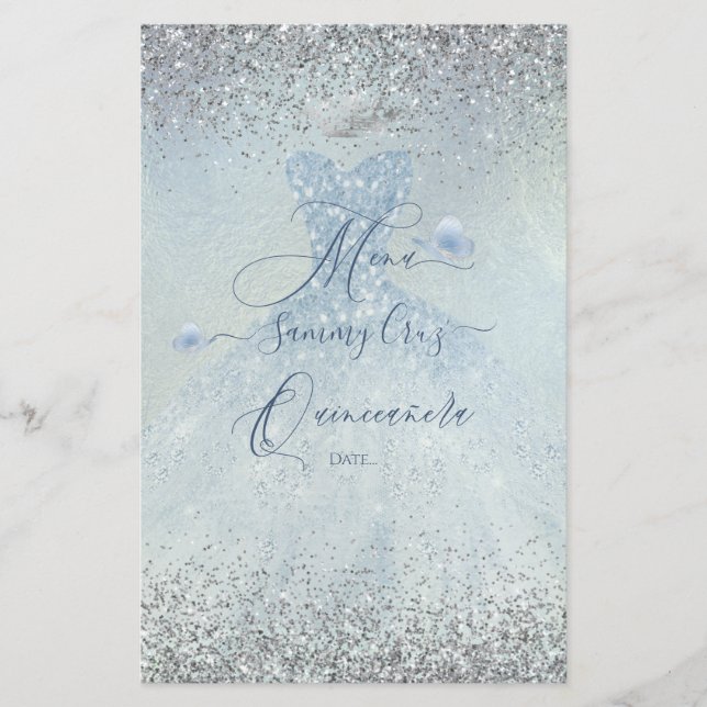 PixDezines Quinceanera Menu Dusty Blue Dress (Framsida)
