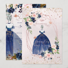 PixDezines Quinceanera Navy Ro Guld H2 Flowers Inbjudningar