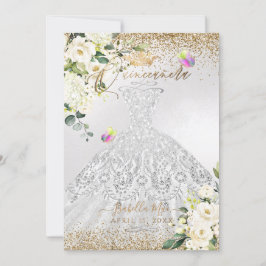 PixDezines Quinceanera Silver Dress Guld Glitter  Inbjudningar