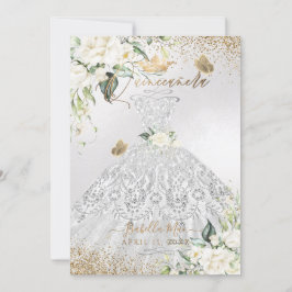 PixDezines Quinceanera Silver Dress Guld Glitter Inbjudningar