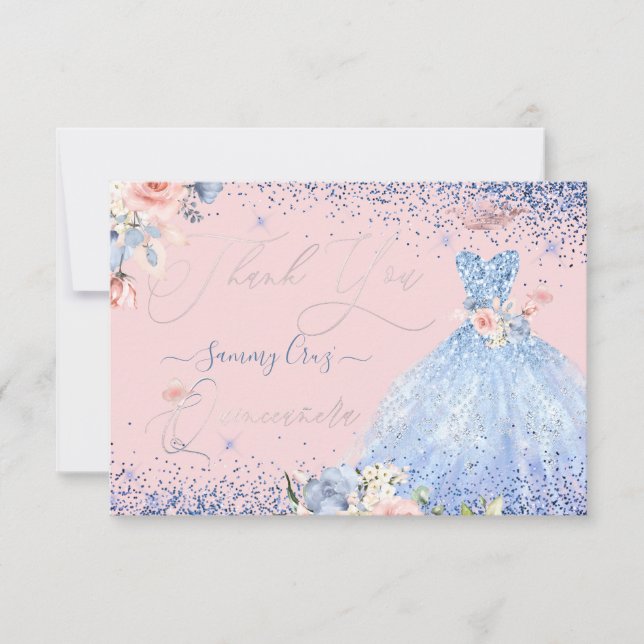 PixDezines Quinceanera Tack Dusty Blue Klänning Inbjudningar (Framsida)