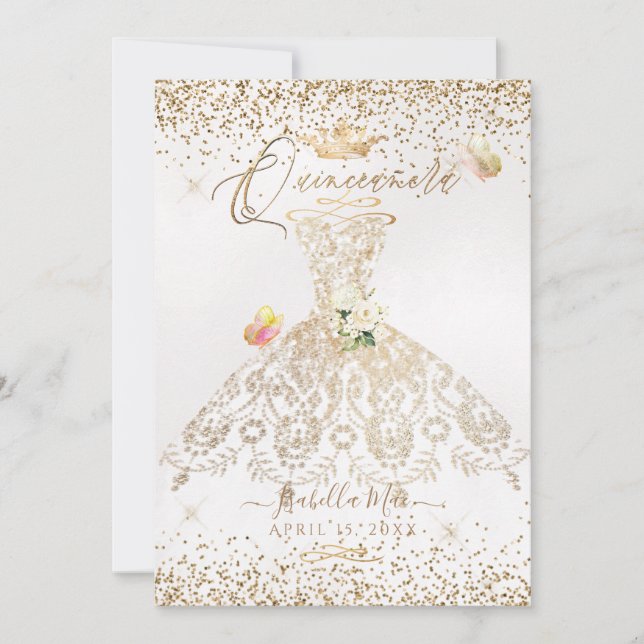 PixDezines Quinceanera White Guld Glitter Inbjudningar (Framsida)