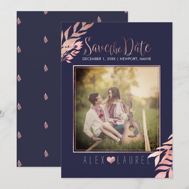 PixDezines Rädda datum/Falskt roséguld bladverk Inbjudningar (Fram/baksida)