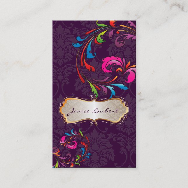 PixDezines Rainbow Swirls+florentius damask Visitkort (Framsida)