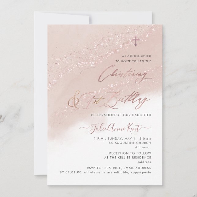 PixDezines Ro Guld Christening+1:a födelsedagen Inbjudningar (Framsida)