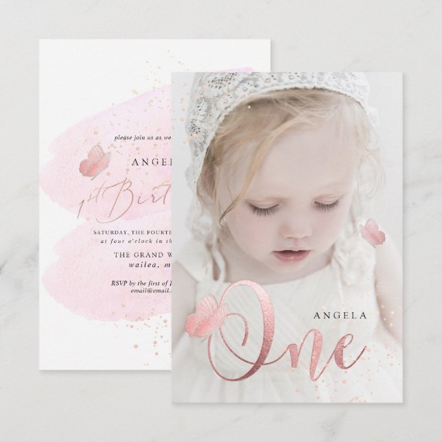 PixDezines Ro Guld Rosa Butterflies Vattenfärg Inbjudningar (Fram/baksida)