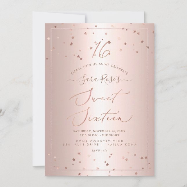 PixDezines Ro Guld Stars Sweet sixteen Inbjudningar (Framsida)