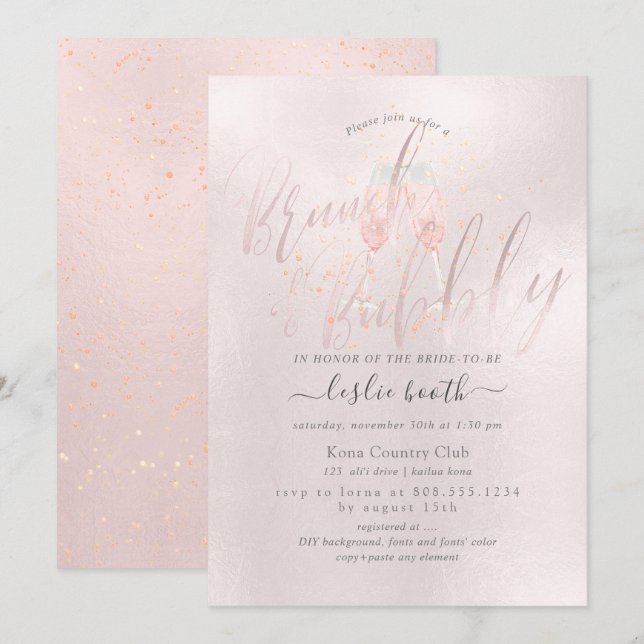 PixDezines  Rosa Champagne Brunch+Bubly Inbjudningar (Fram/baksida)
