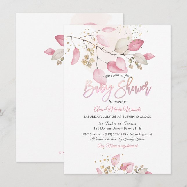 PixDezines Rosa Eukalyptus Baby Shower Inbjudningar (Fram/baksida)