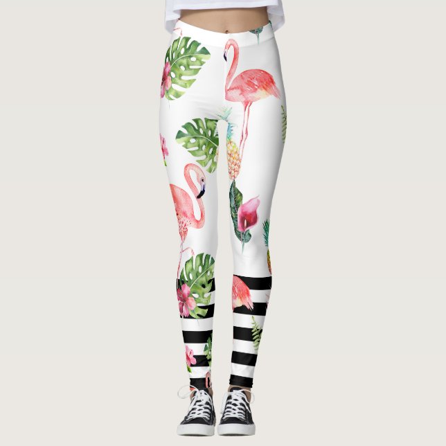PixDezines Rosa Flamingos+justerbar svart Rand Leggings (Framsida)