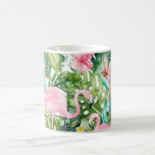 PixDezines Rosa Flamingos+Tropisk Lövverk Kaffemugg