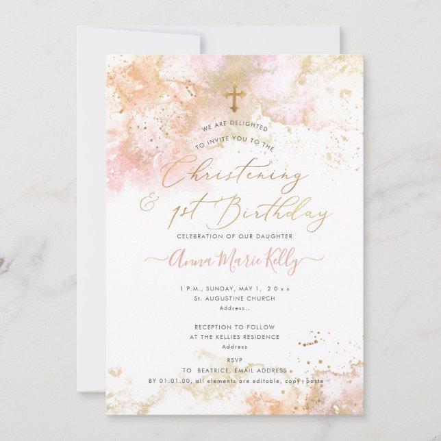 PixDezines Rosa H2 Christening+1st Birthday Invita Inbjudningar (Framsida)