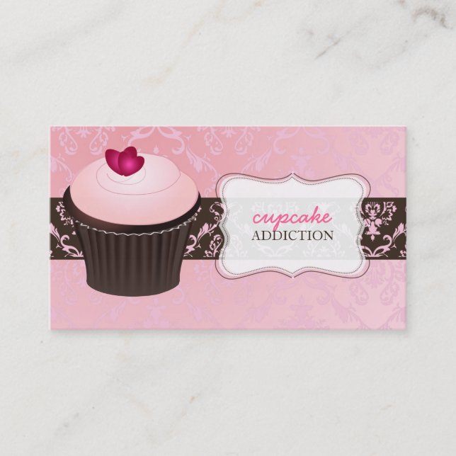 PixDezines rosa hjärt-cupcake+chantal damast Visitkort (Framsida)