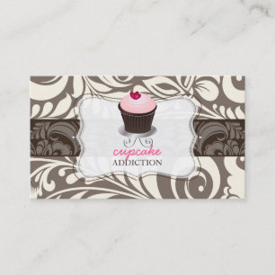 PixDezines rosa hjärta cupcake+damask Visitkort