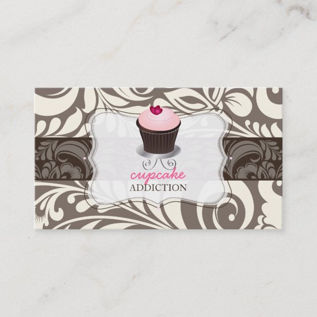 PixDezines rosa hjärta cupcake+damask Visitkort (Framsida)