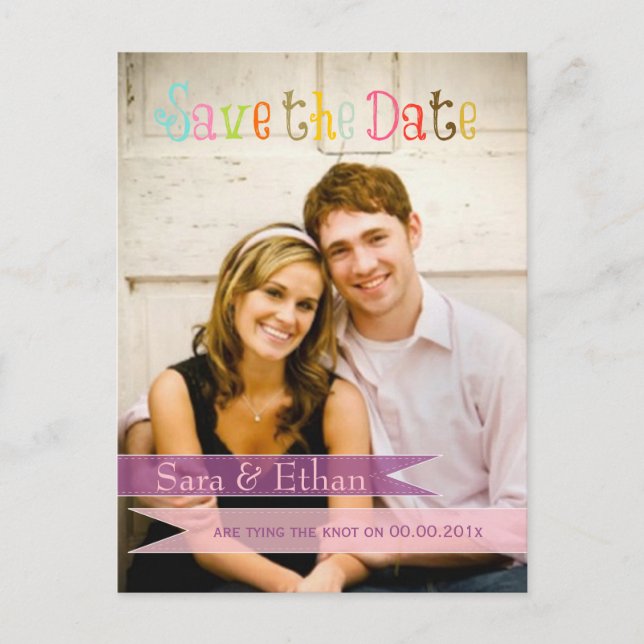 PixDezines rosa+lila spara datumet Meddelande Vykort (Framsida)