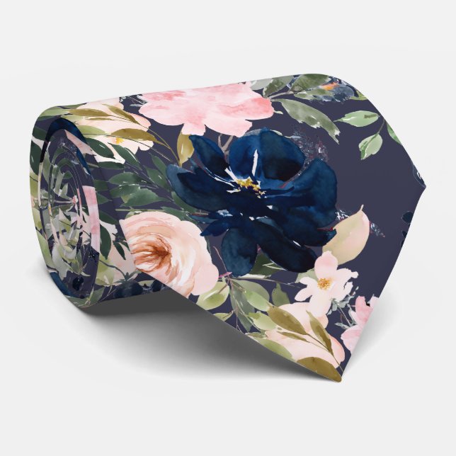 PixDezines Rosa Navyblå Akvarellblommor Slips (Rullad)