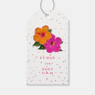 PixDezines Rosa/Orang Hibiscus/Guld Specks Presentetikett