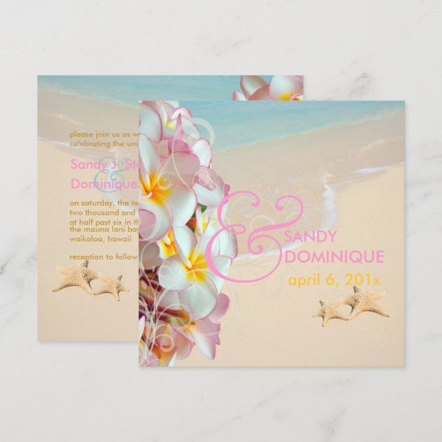 PixDezines Rosa Plumeria+Beach/Swirls/Tropical Inbjudningar (Fram/baksida)