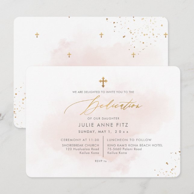 PixDezines Rosa Rosaakton Watercolor-dop Inbjudningar (Fram/baksida)