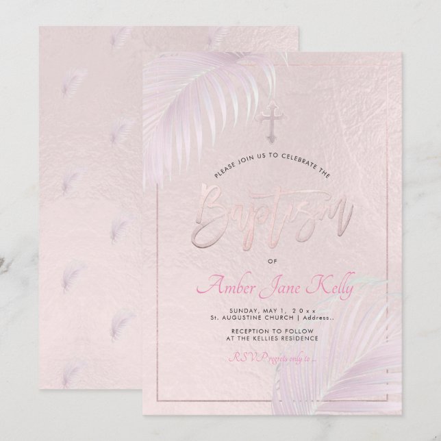 PixDezines Rosa Silver Handflatan Baptism Inbjudningar (Fram/baksida)