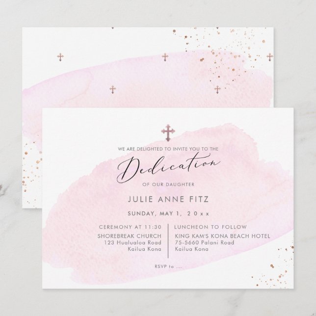 PixDezines Rosa Watercolor Dedikation Inbjudningar (Fram/baksida)