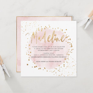 PixDezines Rosa Watercolor Guld Dust Bat mitzvah Inbjudningar