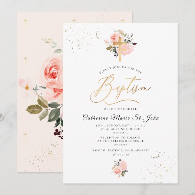 PixDezines  Rosa Watercolor Ro Baptism Inbjudningar (Fram/baksida)