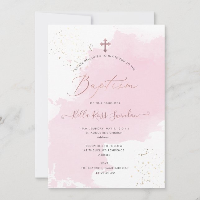 PixDezines Rosa Watercolor Swatch Baptism Inbjudningar (Framsida)