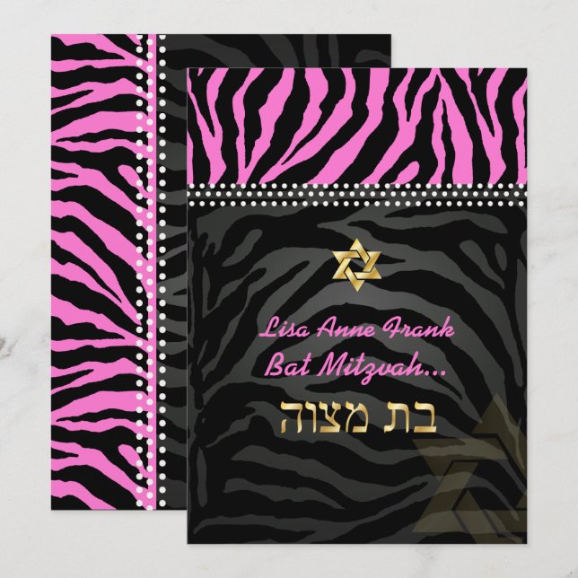 PixDezines Rosa Zebra Bat mitzvah/DIY färg Inbjudningar (Fram/baksida)