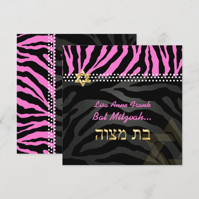 PixDezines Rosa Zebra Bat mitzvah/DIY färg Inbjudningar (Fram/baksida)