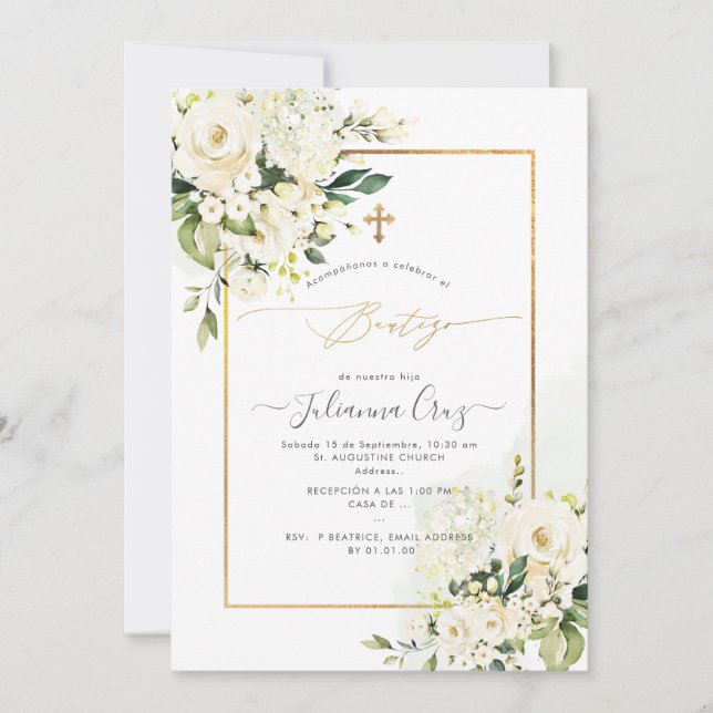 PixDezines Rosas Crema y Hortensias Bautizo Inbjudningar (Framsida)