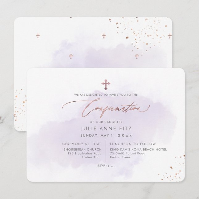 PixDezines Rose Gold H2 Lila Tvättad Konfirmation Inbjudningar (Fram/baksida)