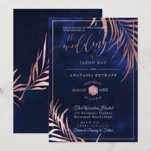 PixDezines Rose Gold Palm Fronds+H2O Navy Inbjudningar
