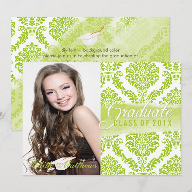 PixDezines rosett damask/examen/foto Inbjudningar (Fram/baksida)