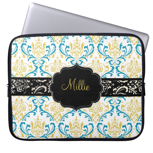 PixDezines Rossi Damask/DIY monogram+färg! Laptop Sleeve (Framsidan)