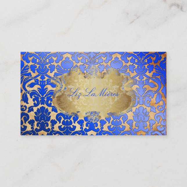 PixDezines royal blue flora damask/faux parchment Visitkort (Framsida)