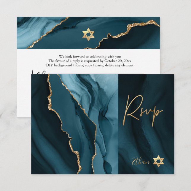 PixDezines RSVP Akvarell Agate Bar Mitzvah ✡ OSA Kort (Fram/baksida)