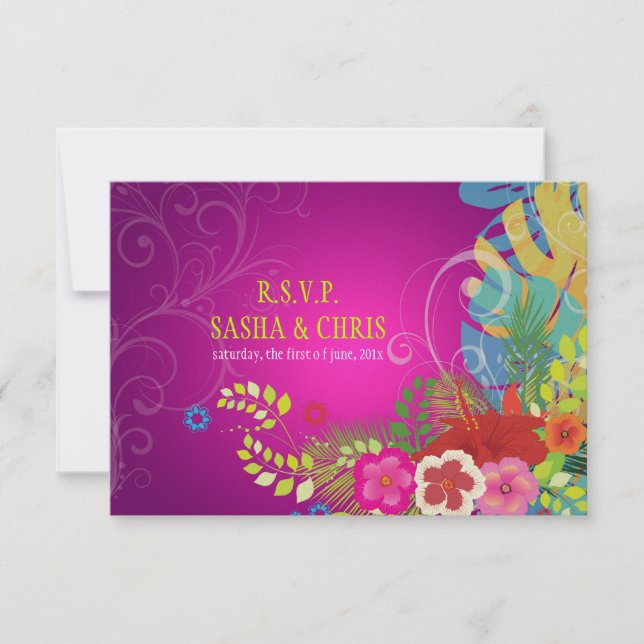 PixDezines rsvp hibiskus+monstera/gul+fuschia OSA Kort (Framsida)