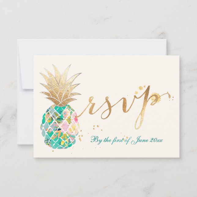 PixDezines RSVP Turkos Ananaser/Guldskrift OSA Kort (Framsida)