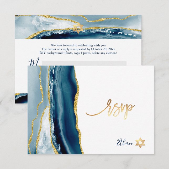 PixDezines RSVP Vattenfärg Agate Bar Mitzvah ✡ OSA Kort (Fram/baksida)