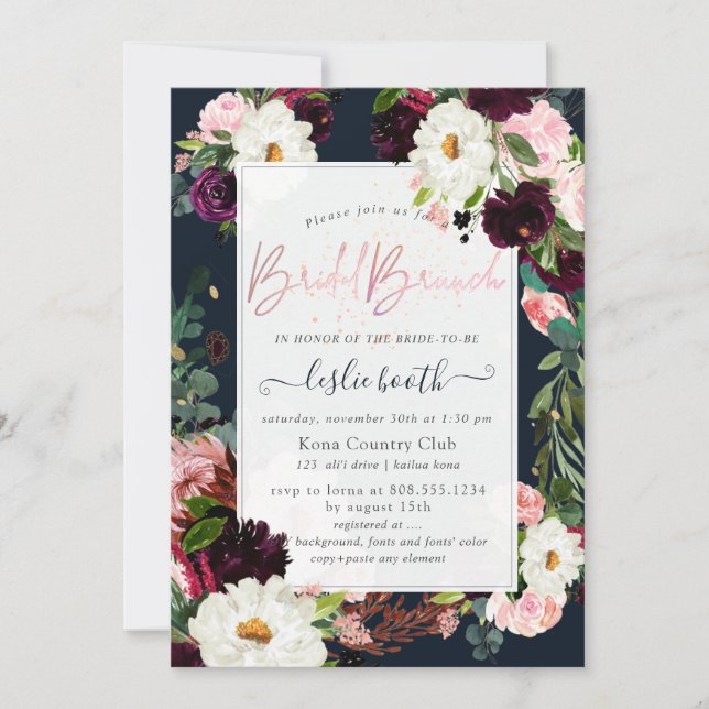 PixDezines Rustic Bloom, Bröllopsbrunch Navy Rosen Inbjudningar (Framsida)